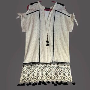 Hemant & Nandita 100% Cotton Cold Shoulder Dress Small White/Navy